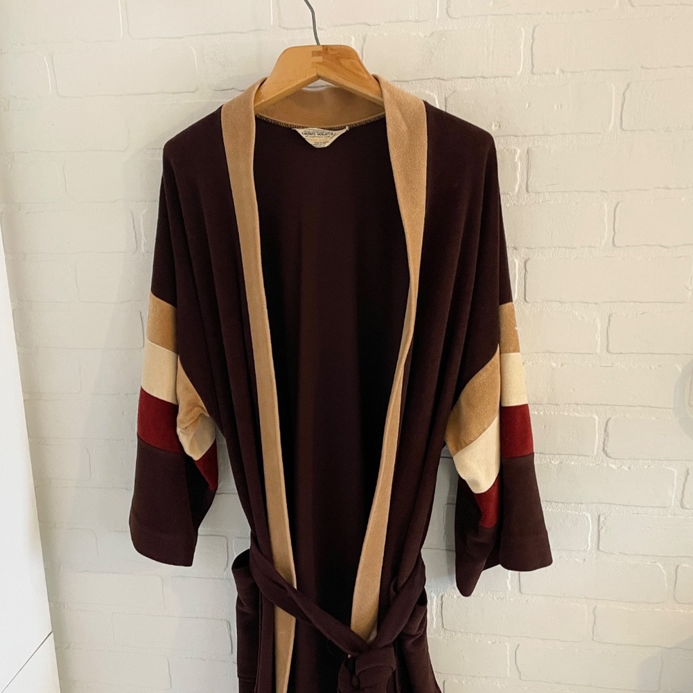 Vintage 70s Men’s (or unisex) Robe Velvet Mod Blokecore Brown Earthy tones OS - Picture 4 of 13